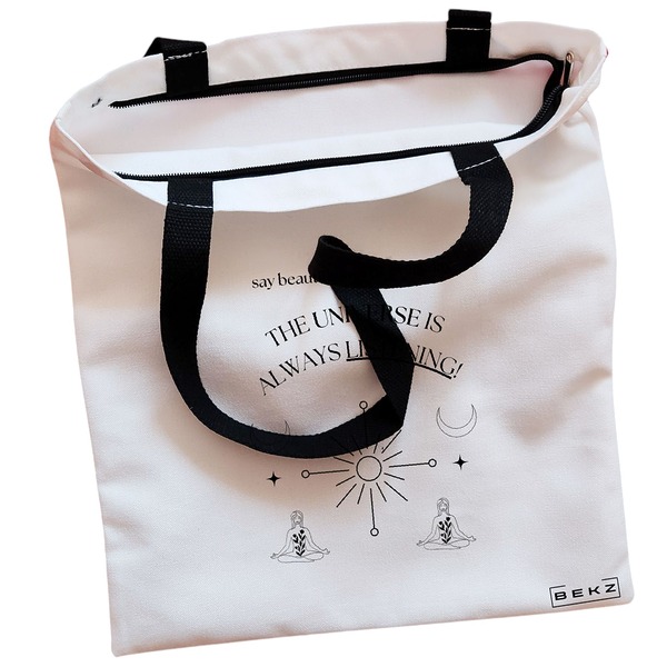 Geanta Canvas Tote pentru femei, model The Universe Listens, 38x34.5 cm, Alba, BEKZ® 2 Geanta Canvas Tote pentru femei model The Universe Listens 38x34.5 cm Alba BEKZ® 1