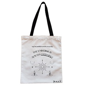 Geanta Canvas Tote pentru femei, model The Universe Listens, 38x34.5 cm, Alba, BEKZ®