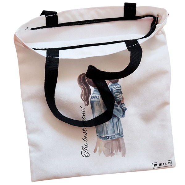 Geanta Canvas Tote pentru femei model The best mom 38x34.5 cm Alba BEKZ® 1