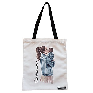 Geanta Canvas Tote pentru femei, model The best mom, 38x34.5 cm, Alba, BEKZ®