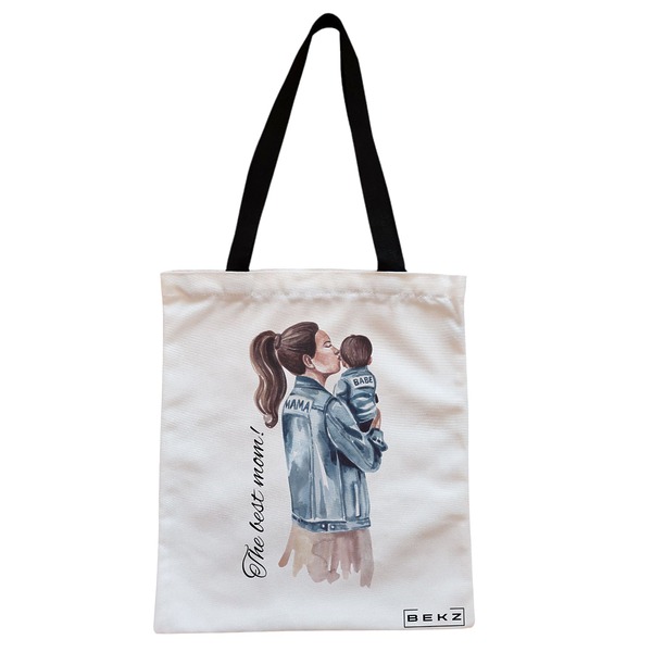 Geanta Canvas Tote pentru femei model The best mom 38x34.5 cm Alba BEKZ®