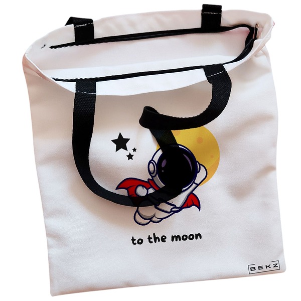 Geanta Canvas Tote pentru femei, model To the moon, 38x34.5 cm, Alba, BEKZ® 2 Geanta Canvas Tote pentru femei model To the moon 38x34.5 cm Alba BEKZ® 1