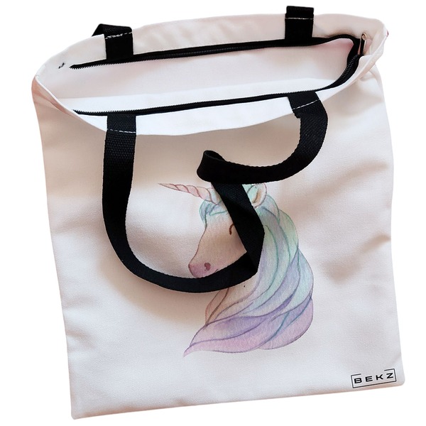 Geanta Canvas Tote pentru femei, model Unicorn, 38x34.5 cm, Alba, BEKZ® 2 Geanta Canvas Tote pentru femei model Unicorn 38x34.5 cm Alba BEKZ® 1