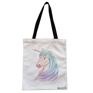 Geanta Canvas Tote pentru femei, model Unicorn, 38x34.5 cm, Alba, BEKZ®