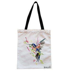 Geanta Canvas Tote pentru femei, model Watercolor Bird, 38x34.5 cm, Alba, BEKZ®