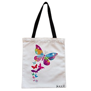 Geanta Canvas Tote pentru femei, model Watercolor Butterfly, 38x34.5 cm, Alba, BEKZ®