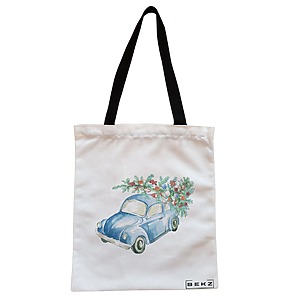 Geanta Canvas Tote pentru femei, model Watercolor Car, 38x34.5 cm, Alba, BEKZ®