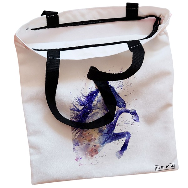 Geanta Canvas Tote pentru femei, model Watercolor Horse, 38x34.5 cm, Alba, BEKZ® 2 Geanta Canvas Tote pentru femei model Watercolor Horse 38x34.5 cm Alba BEKZ® 1