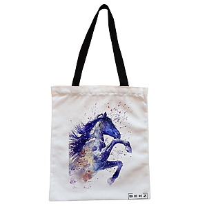 Geanta Canvas Tote pentru femei, model Watercolor Horse, 38x34.5 cm, Alba, BEKZ®