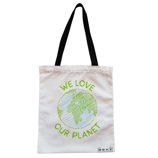 Geanta Canvas Tote pentru femei, model We Love Our Planet, 38x34.5 cm, Alba, BEKZ® 1 Geanta Canvas Tote pentru femei model We Love Our Planet 38x34.5 cm Alba BEKZ®