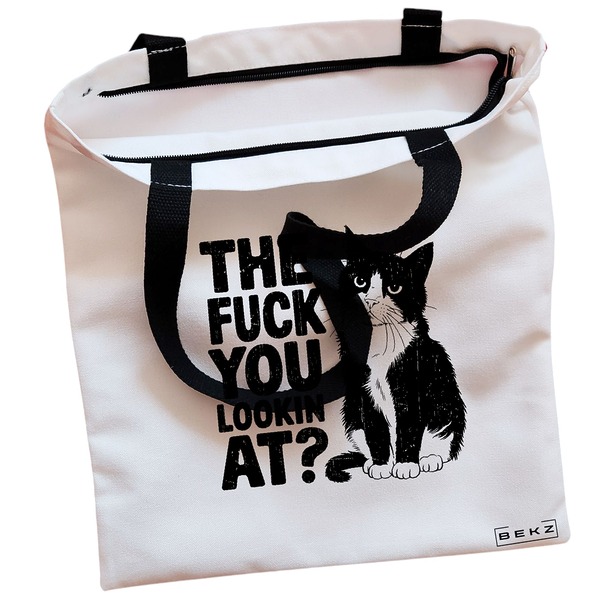 Geanta Canvas Tote pentru femei, model What are you looking at?, 38x34.5 cm, Alba, BEKZ® 2 Geanta Canvas Tote pentru femei model What are you looking at 38x34.5 cm Alba BEKZ® 1