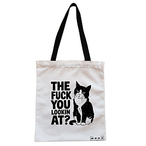 Geanta Canvas Tote pentru femei, model What are you looking at?, 38x34.5 cm, Alba, BEKZ®