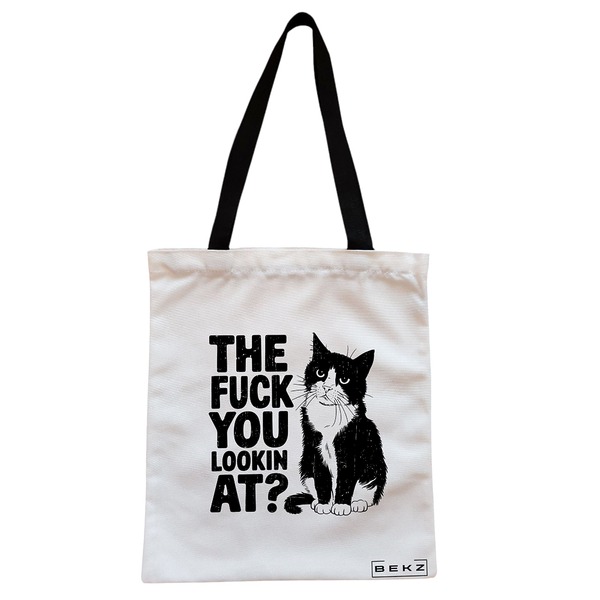 Geanta Canvas Tote pentru femei, model What are you looking at?, 38x34.5 cm, Alba, BEKZ® 1 Geanta Canvas Tote pentru femei model What are you looking at 38x34.5 cm Alba BEKZ®