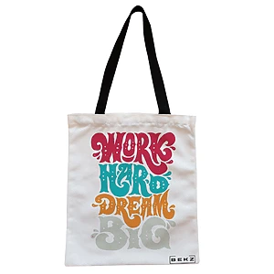 Geanta Canvas Tote pentru femei, model Work Hard Dream Big, 38x34.5 cm, Alba, BEKZ®