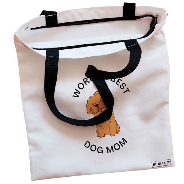 Geanta Canvas Tote pentru femei, model World’s best dog mom, 38x34.5 cm, Alba, BEKZ® 2 Geanta Canvas Tote pentru femei model Worlds best dog mom 38x34.5 cm Alba BEKZ® 1