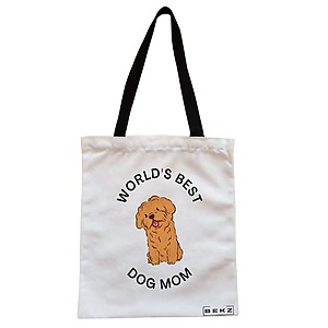 Geanta Canvas Tote pentru femei, model World’s best dog mom, 38x34.5 cm, Alba, BEKZ®