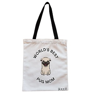 Geanta Canvas Tote pentru femei, model World’s best pug mom, 38x34.5 cm, Alba, BEKZ®
