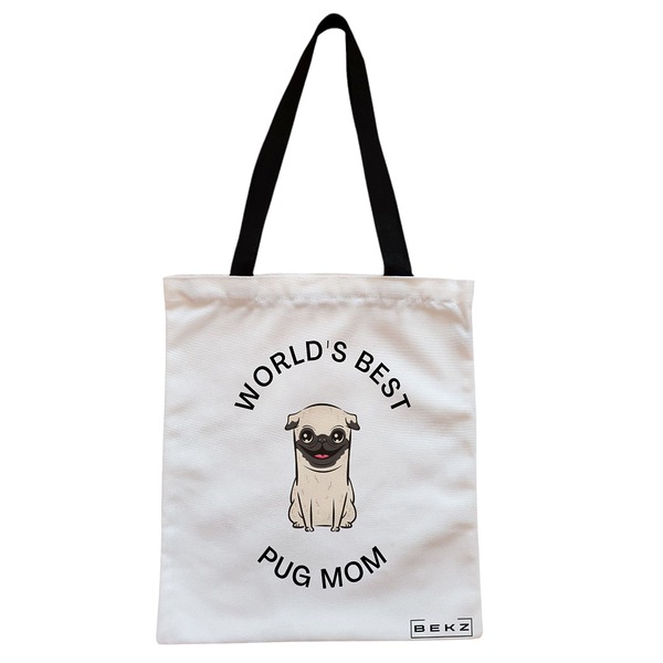 Geanta Canvas Tote pentru femei model Worlds best pug mom 38x34.5 cm Alba BEKZ®