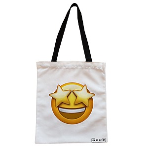 Geanta Canvas Tote pentru femei, model Wow Emoji, 38x34.5 cm, Alba, BEKZ®