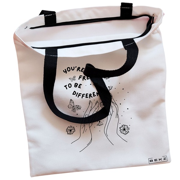 Geanta Canvas Tote pentru femei, model You’re free to be different, 38x34.5 cm, Alba, BEKZ® 2 Geanta Canvas Tote pentru femei model Youre free to be different 38x34.5 cm Alba BEKZ® 1