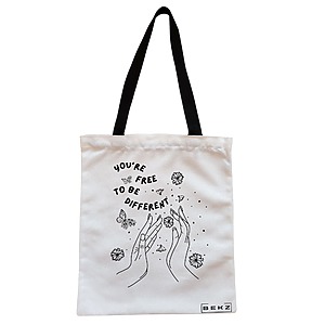 Geanta Canvas Tote pentru femei, model You’re free to be different, 38x34.5 cm, Alba, BEKZ®