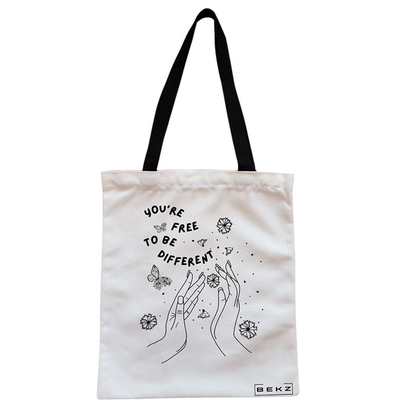 Geanta Canvas Tote pentru femei, model You’re free to be different, 38x34.5 cm, Alba, BEKZ® 1 Geanta Canvas Tote pentru femei model Youre free to be different 38x34.5 cm Alba BEKZ®