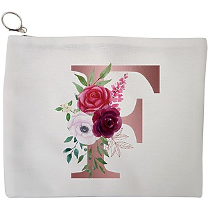 Portfard Cosmetice tip Plic, Cu litera F Rose Gold si Trandafiri, 23x18 cm, Alb, BEKZ®