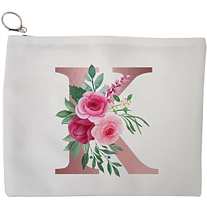 Portfard Cosmetice tip Plic, Cu litera K Rose Gold si Trandafiri, 23x18 cm, Alb, BEKZ®