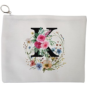 Portfard Cosmetice tip Plic, Cu litera K in Coronita Florala, 23x18 cm, Alb, BEKZ®