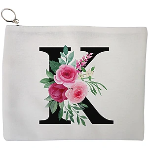 Portfard Cosmetice tip Plic, Cu litera K si Trandafiri, 23x18 cm, Alb, BEKZ®