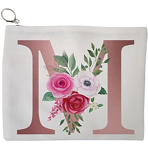 Portfard Cosmetice tip Plic, Cu litera M Rose Gold si Trandafiri, 23x18 cm, Alb, BEKZ®