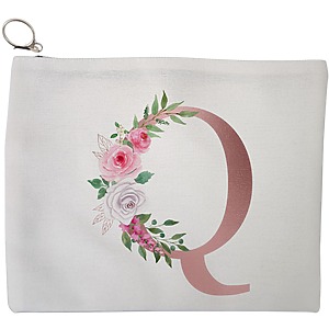 Portfard Cosmetice tip Plic, Cu litera Q Rose Gold si Trandafiri, 23x18 cm, Alb, BEKZ®