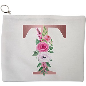 Portfard Cosmetice tip Plic, Cu litera T Rose Gold si Trandafiri, 23x18 cm, Alb, BEKZ®
