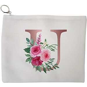 Portfard Cosmetice tip Plic, Cu litera U Rose Gold si Trandafiri, 23x18 cm, Alb, BEKZ®