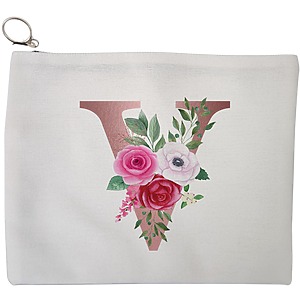 Portfard Cosmetice tip Plic, Cu litera V Rose Gold si Trandafiri, 23x18 cm, Alb, BEKZ®