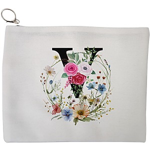 Portfard Cosmetice tip Plic, Cu litera V in Coronita Florala, 23x18 cm, Alb, BEKZ®
