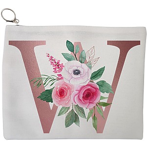 Portfard Cosmetice tip Plic, Cu litera W Rose Gold si Trandafiri, 23x18 cm, Alb, BEKZ®