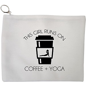 Portfard Cosmetice tip Plic Yoga This Girl runs on coffe and yoga 2, 23x18 cm, Alb, BEKZ®