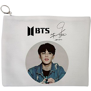 Portfard Cosmetice tip Plic, model BTS Jimin cu semnatura, 23x18 cm, Alb, BEKZ®