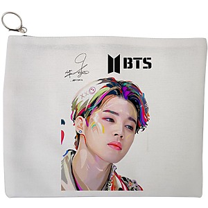 Portfard Cosmetice tip Plic, model BTS Jimin cu semnatura 3, 23x18 cm, Alb, BEKZ®