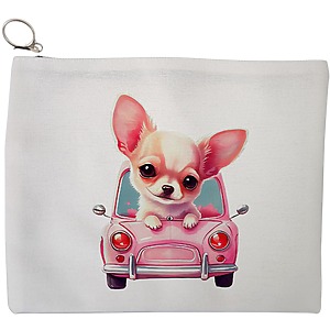 Portfard Cosmetice tip Plic, model Chihuahua the Driver, 23x18 cm, Alb, BEKZ®